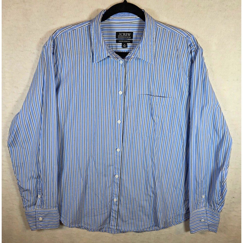 J.Crew Garçon Classic Fit Women's Blue/White Striped Cotton Dress Shirt 14 LS